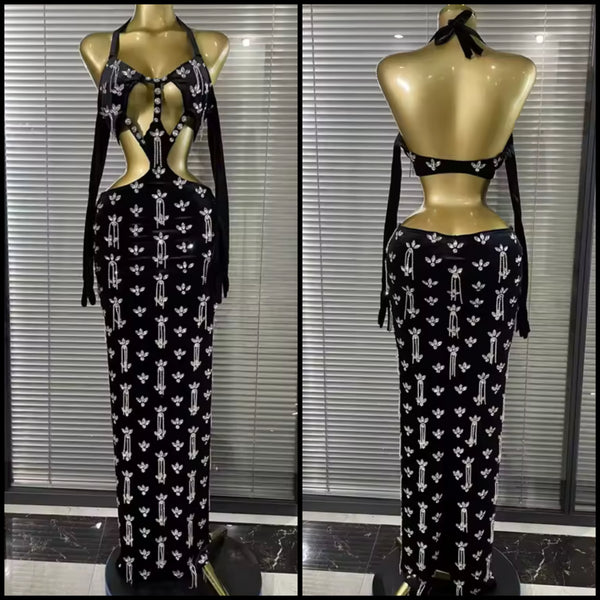 Women Sexy Black Halter Rhinestone Tassel Maxi Dress