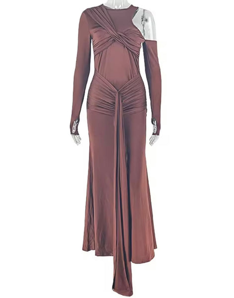 Women Sexy Ruched Tassel Full Sleeve Maxi Dress