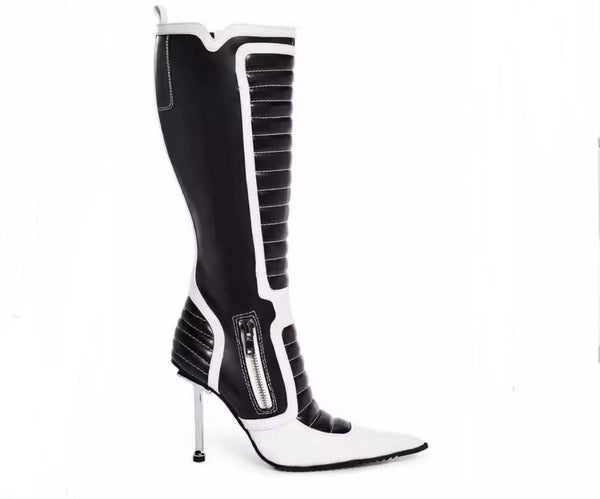 Women Color Patchwork Pointed Toe Knee High Boots