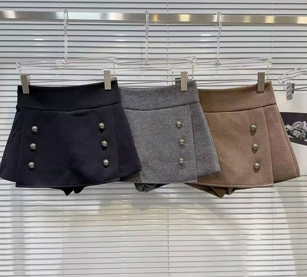 Women Color Fashion Button Tweed Wrap Shorts