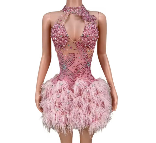 Women Sexy Pink Sleeveless Rhinestone Feather Dress