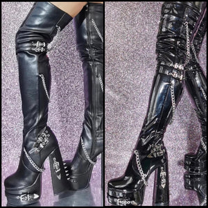 Women Buckled Chain Platform High Heel Over The Knee Boots