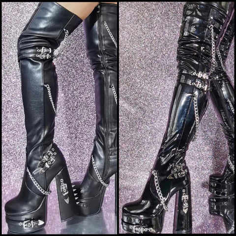 Women Buckled Chain Platform High Heel Over The Knee Boots