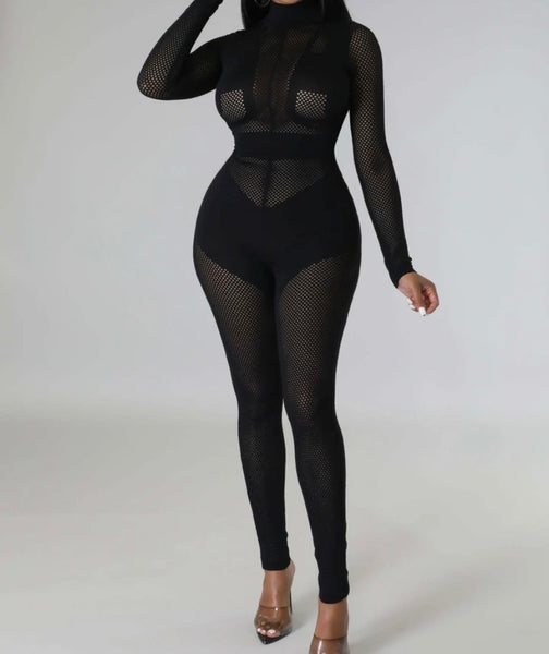 Women Sexy Full Sleeve Mesh Patchwork Jumpsuit
