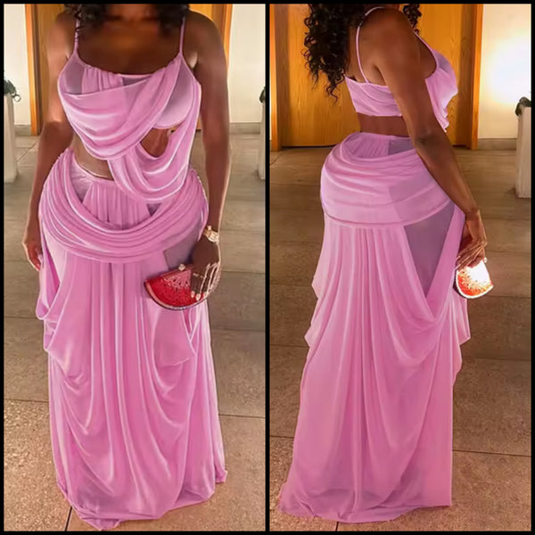 Women Pink Sexy Sleeveless Draped Two Piece Maxi Skirt Set