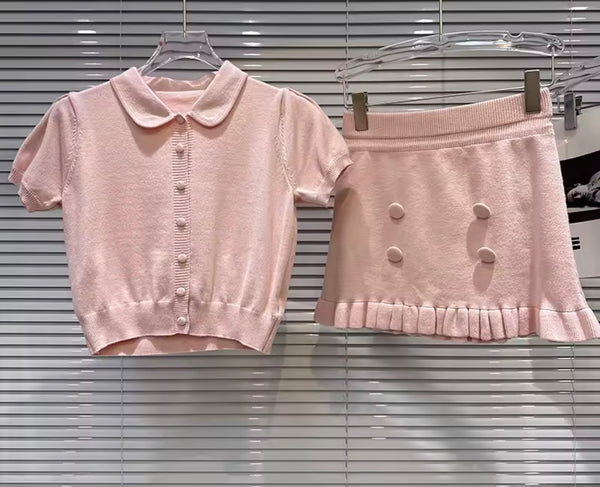 Women Collar Button Up Short Sleeve Two Piece Skirt Set