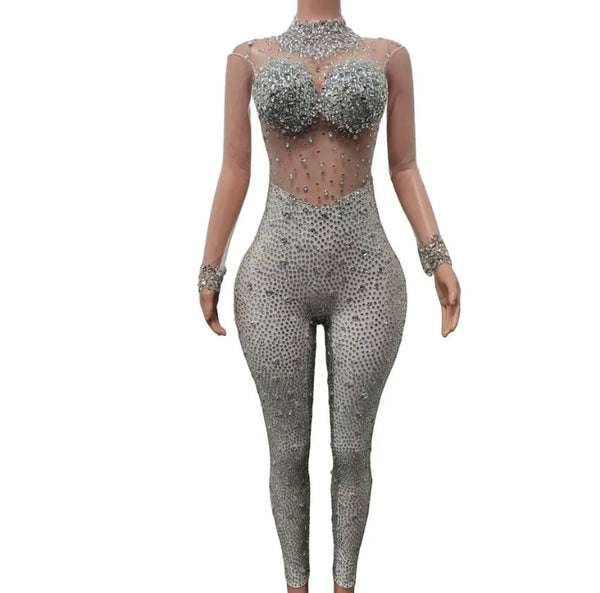 Women Sexy Fashion Bling Crystal Mesh Full Sleeve Jumpsuit