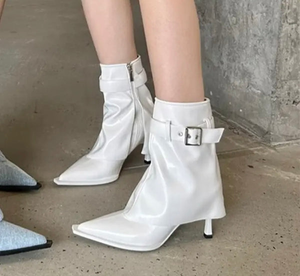 Women Pointed Toe Buckled Fashion High Heel Ankle Boots