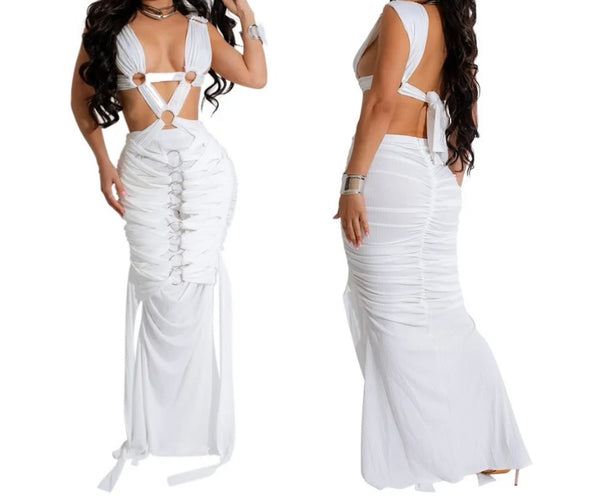 Women Sexy Sleeveless Mesh Lace Up Open Back Maxi Dress