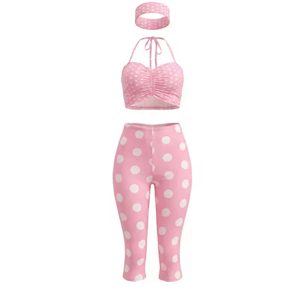 Women Sexy Pink Polka Dot Halter Sleeveless Three Piece Capri Pant Set