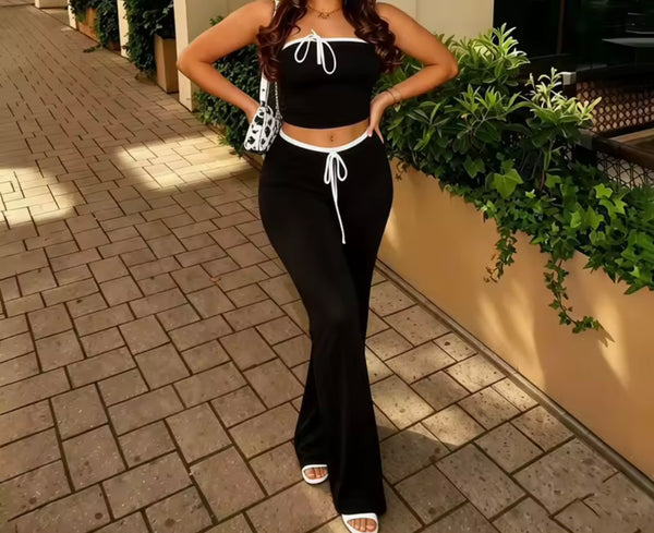 Women Sexy Tie Up Strapless Crop Two Piece Pant Set