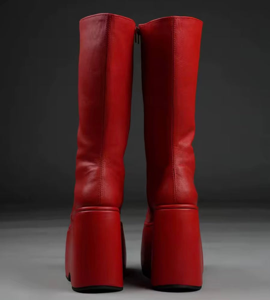 Women Color Fashion Front Zipper Platform Faux Leather Boots
