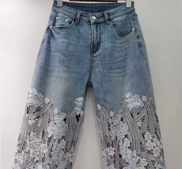 Women Fashion Embroidery Lace Patchwork Denim Pants