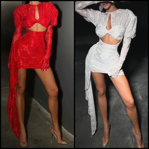 Women Sexy Printed Solid Color Glove Full Sleeve Cut Out Dress