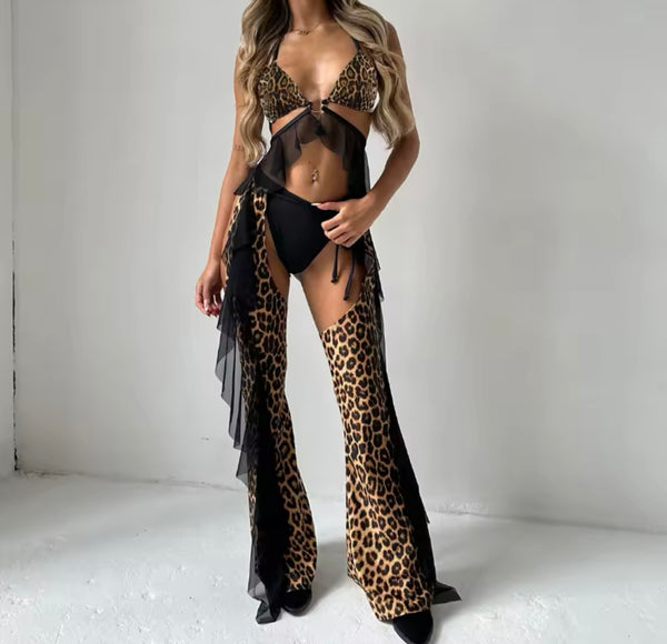 Women Sexy Halter Leopard Print Three Piece Lingerie Set