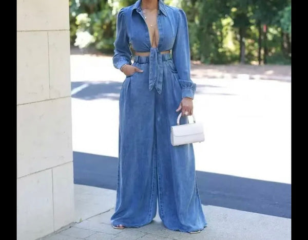 Women Sexy Fashion Denim Two Piece Full Sleeve Wide Leg Pant Set