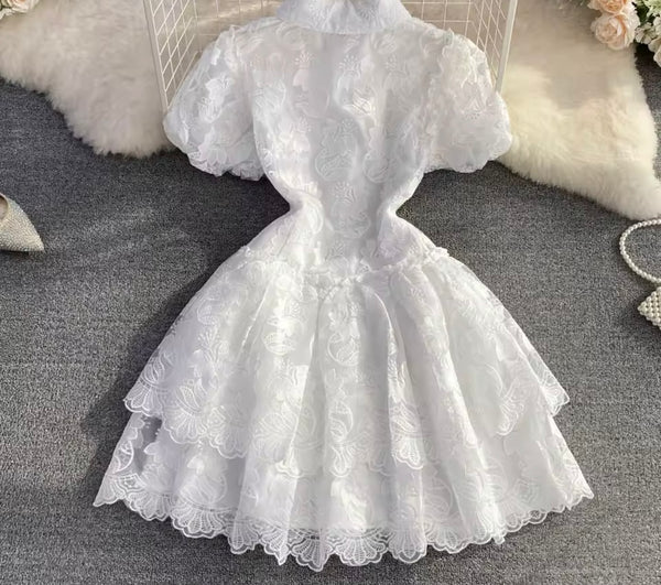 Women White Sexy Short Sleeve Lace Ruffled Dress