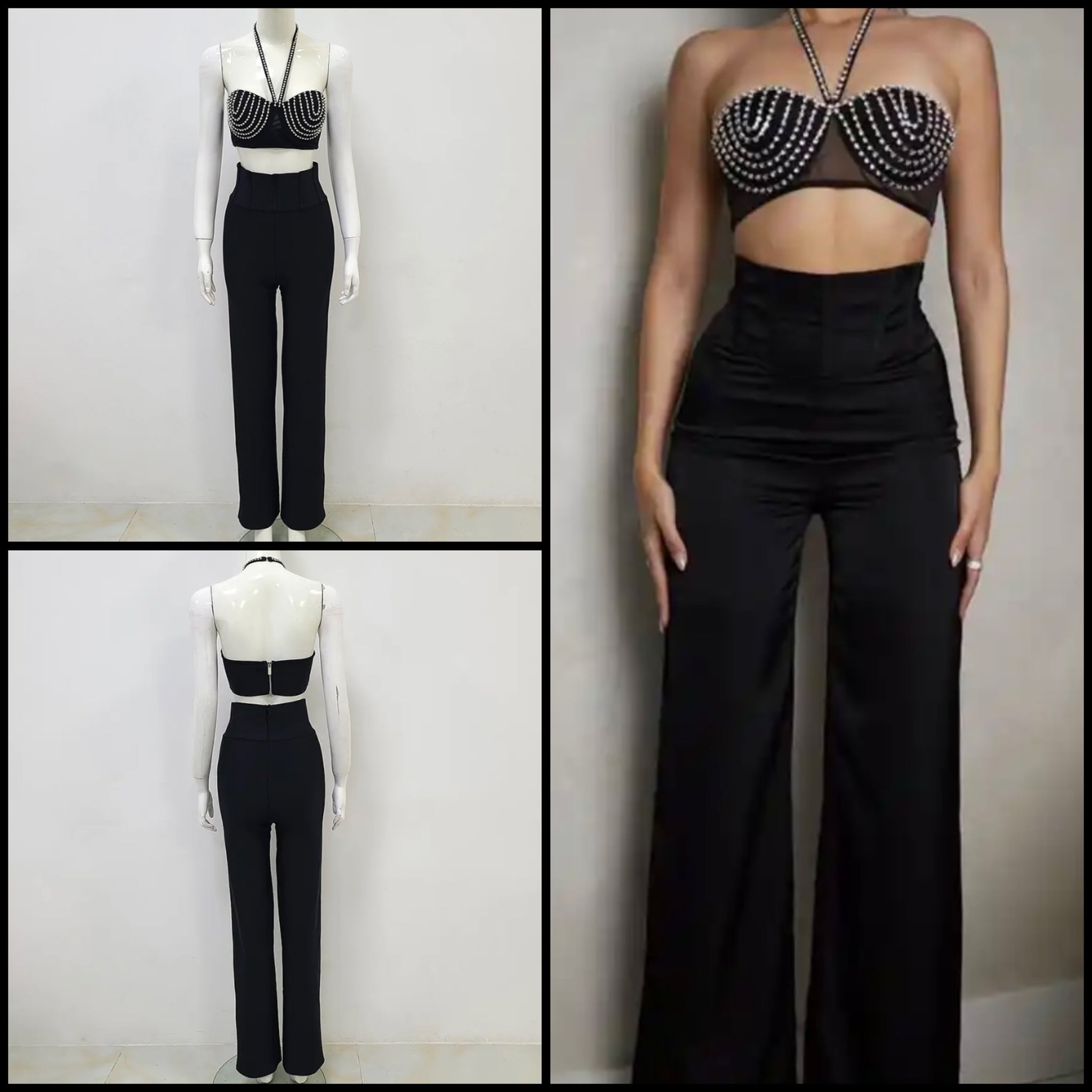 Women Sexy Black Rhinestone Two Piece Sleeveless Pant Set