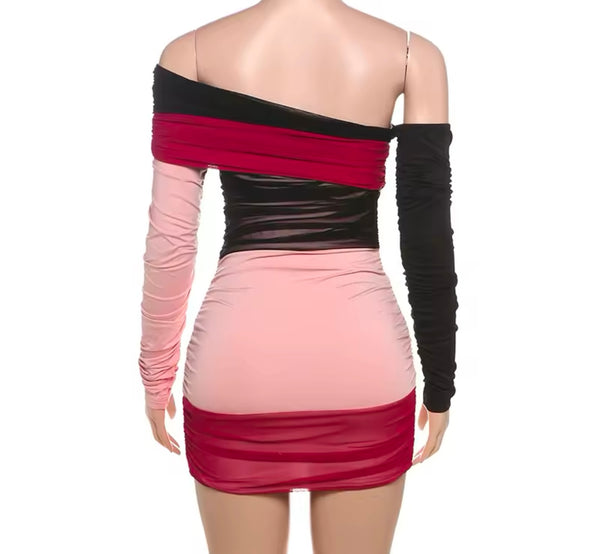 Women Sexy Color Patchwork Off The Shoulder Ruched Dress