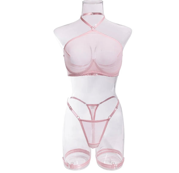 Women Sexy Pink Halter Mesh Lingerie