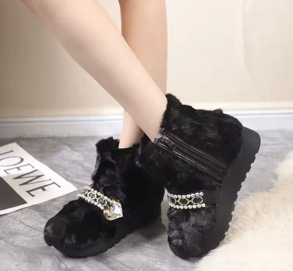 Women Bling Faux Fur Platform Ankle Boots