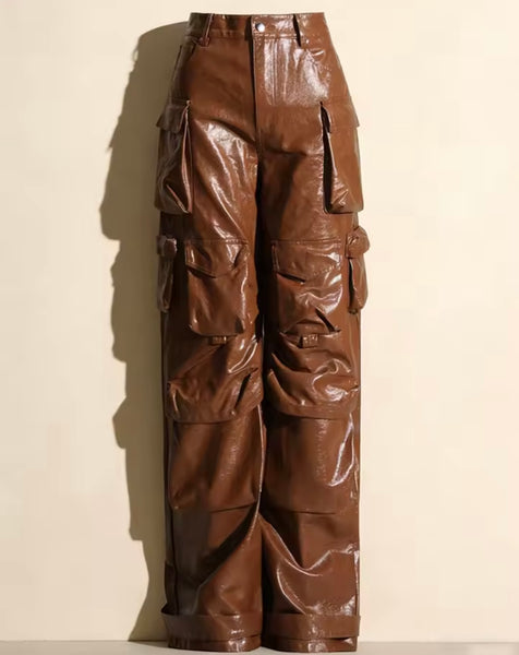 Women Fashion Faux Leather Cargo Pants