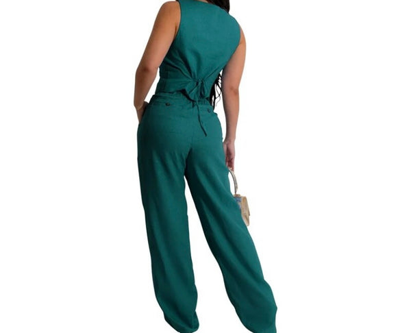 Women Fashion Button Up Two Piece Sleeveless Pant Set