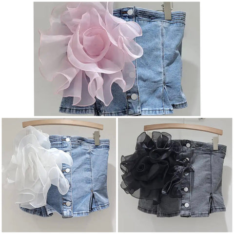 Women Fashion Button Up Strapless Denim Floral Crop Top