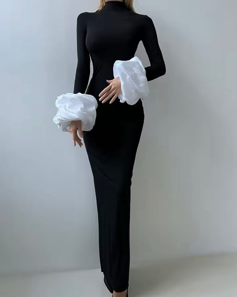 Women Sexy B&W Turtleneck Full Detachable Cuff Sleeve Maxi Dress