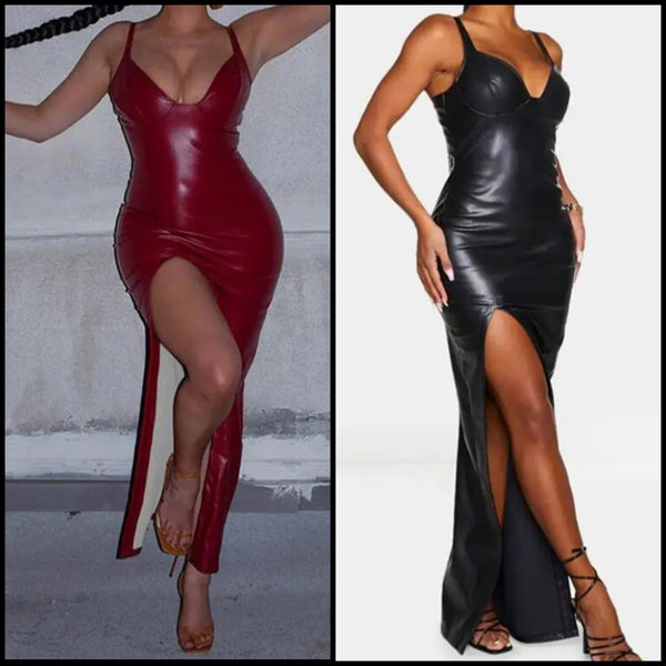 Women Sexy Sleeveless Faux Leather Side Split Maxi Dress