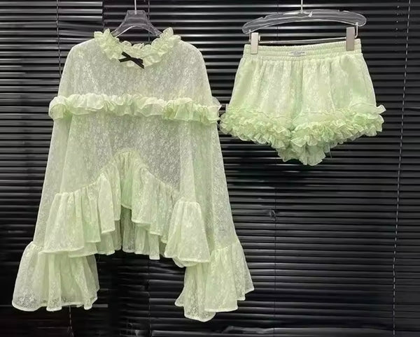 Women Ruffled Lace Full Sleeve Two Piece Short Set