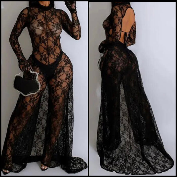 Women Sexy Black Lace Glove Full Sleeve Open Back Asymmetrical Jumpsuit