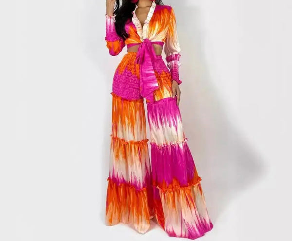 Women Fashion Full Sleeve Colorful Two Piece Wide Leg Pant Set