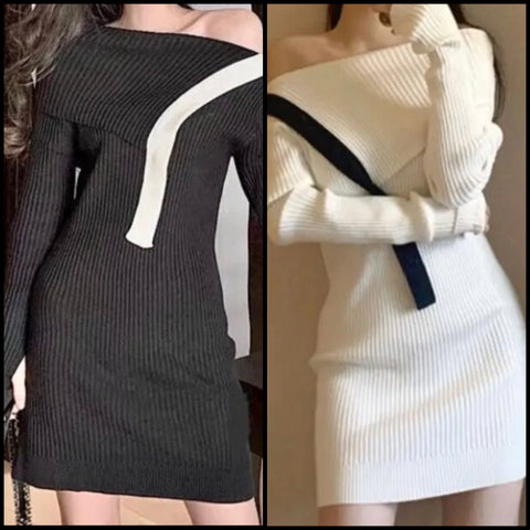 Women Off The Shoulder Ribbed Full Sleeve B&W Dress