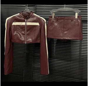 Women Sexy Burgundy Striped Faux Leather Two Piece Jacket Skirt Set