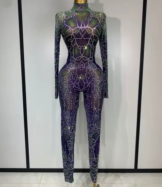 Women Sexy Mesh Rhinestone Full Sleeve Jumpsuit