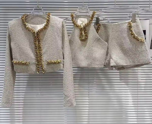 Women Gold Sequins Patchwork Tweed Three Piece Short Set