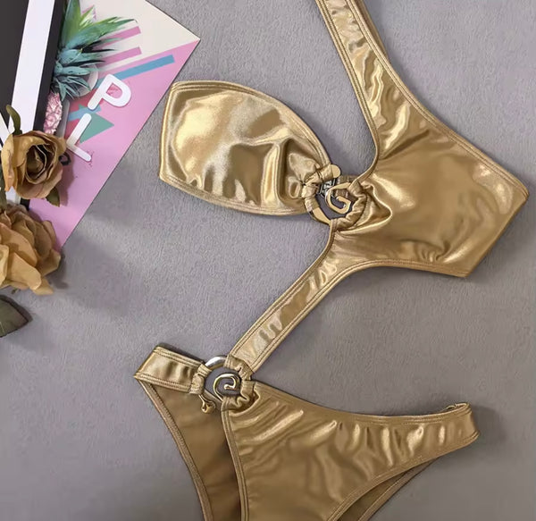 Women Sexy Gold One Shoulder Cut Out Swimsuit
