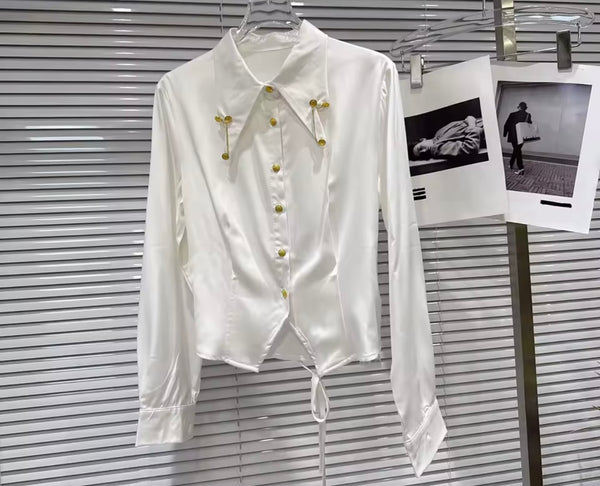 Women White Collar Button Up Full Sleeve Two Piece Denim Pant Set