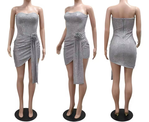 Women Sexy Strapless Sequins Ruched Dress