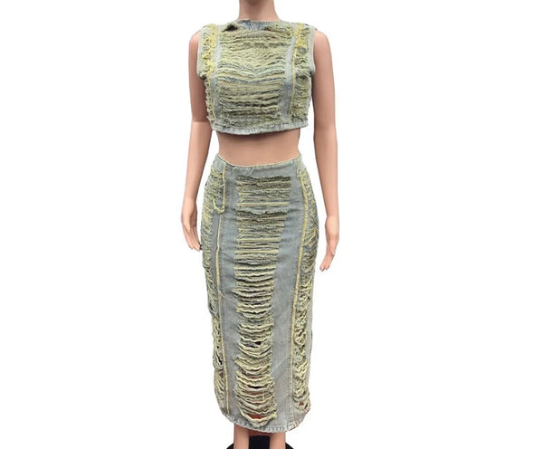 Women Sleeveless Fashion Fringe Ripped Two Piece Denim Maxi Skirt Set