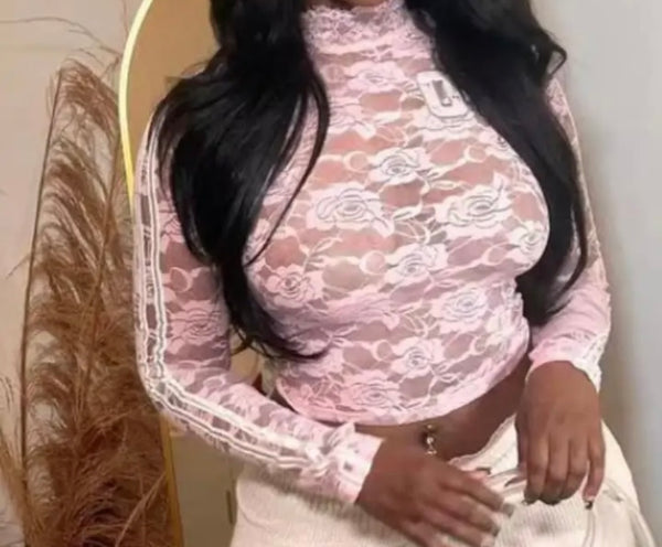Women Pink Lace Sexy Fashion Full Sleeve Crop Top