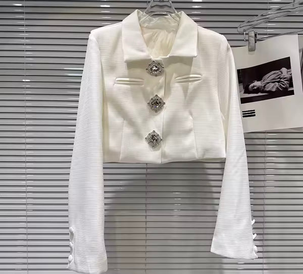 Women White Quilted Bling Button Up Blazer Two Piece Short Set