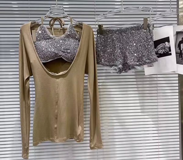 Women Fashion Full Sleeve Sequins Three Piece Short Set