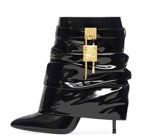 Women Fashion Pointed Toe Ruched Buckled Lock Ankle Boots