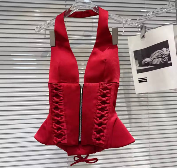 Women Red Halter Sleeveless Two Piece Sexy Skirt Set