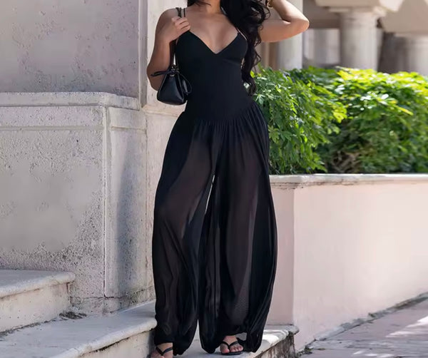 Women Sleeveless Open Back Sexy Mesh Jumpsuit