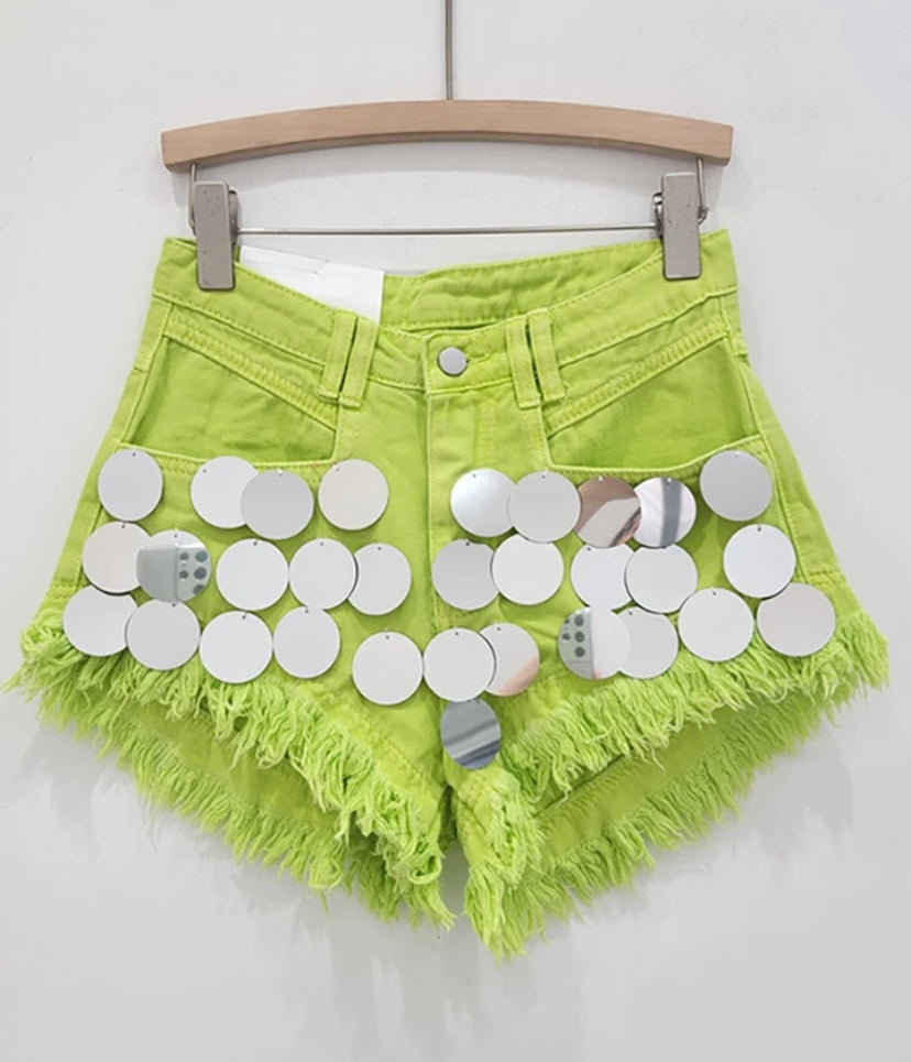 Women Fashion Mirror Patchwork Denim Fringe Shorts