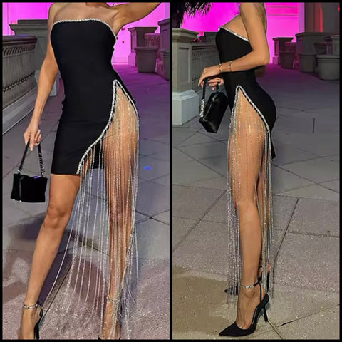 Women Sexy Black Bling Tassel Strapless Dress