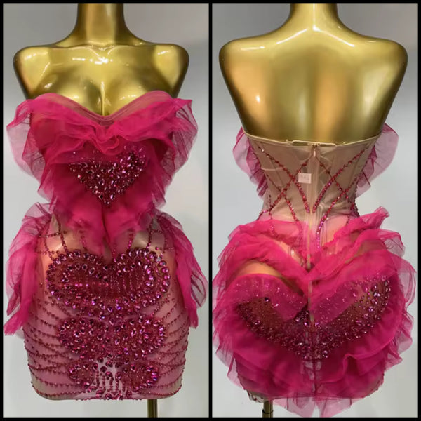 Women Pink Sexy Strapless Ruffle Rhinestone Mesh Dress